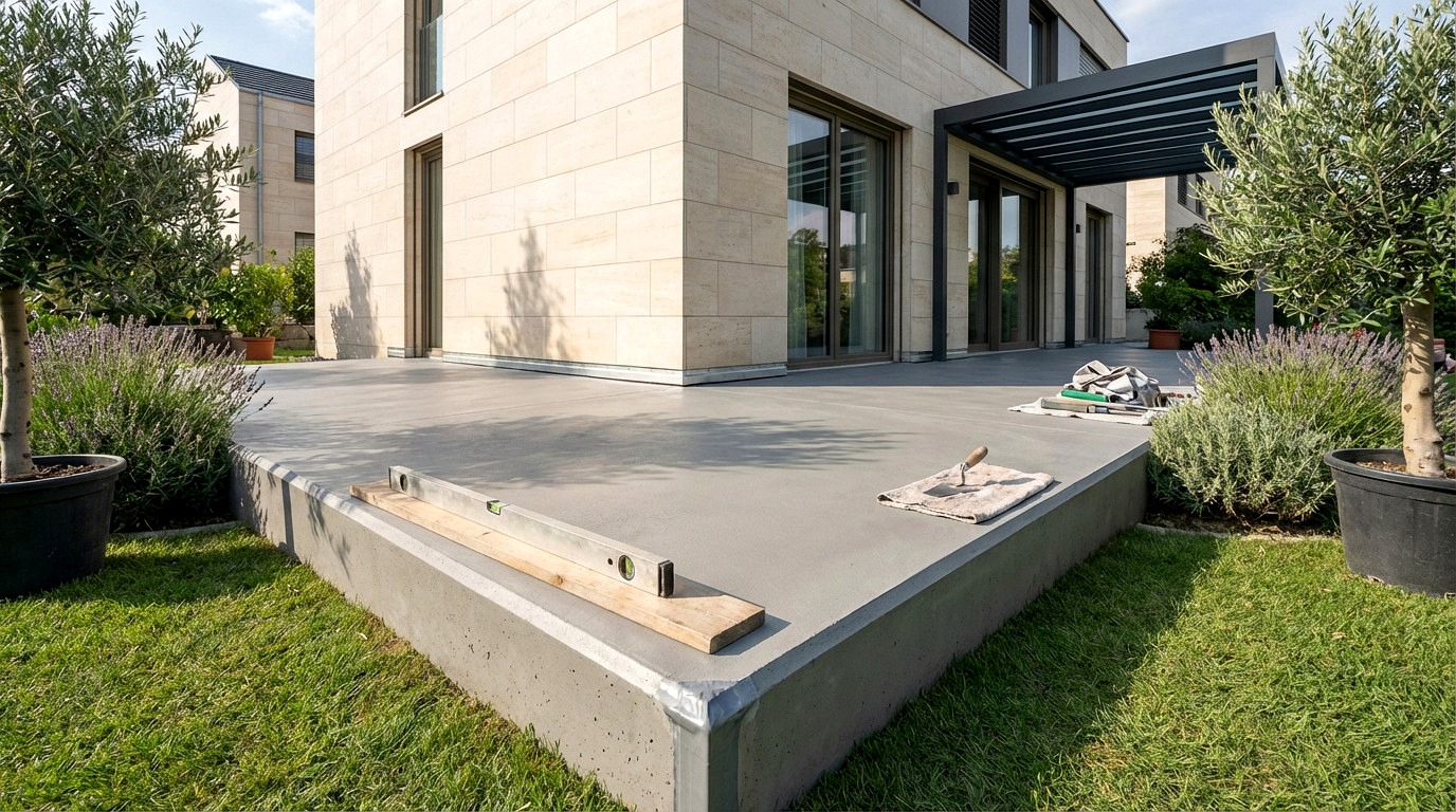 Terrasse en béton lissé réalisée par DMZ Normandie